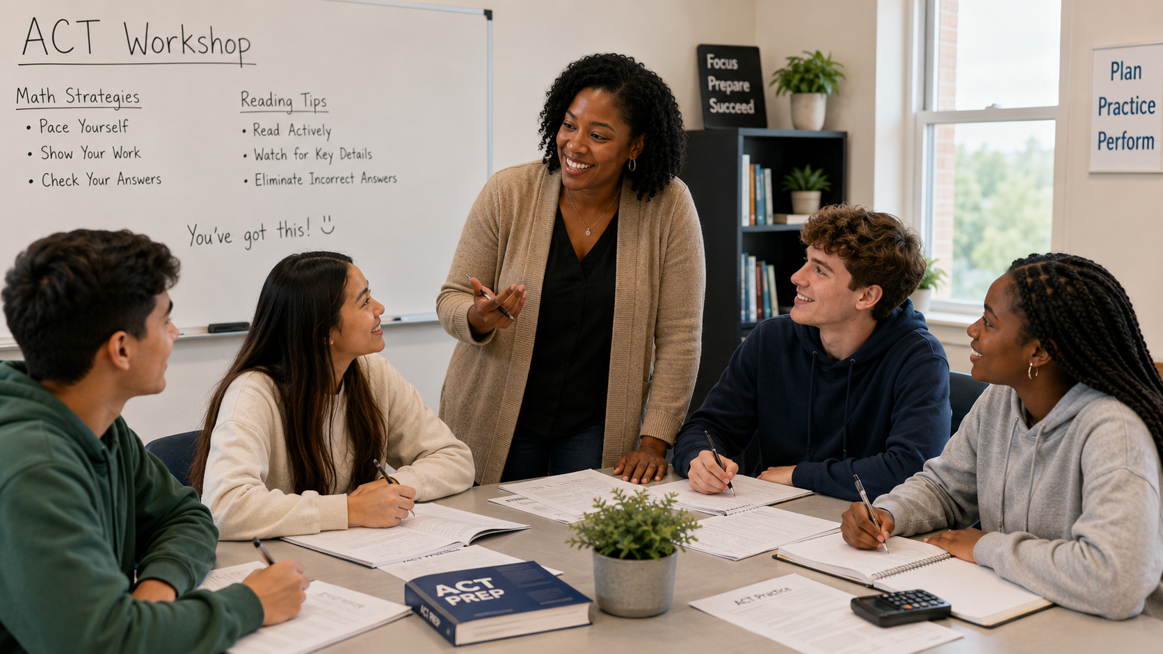Educator leading an ACT workshop with students gathered around a table